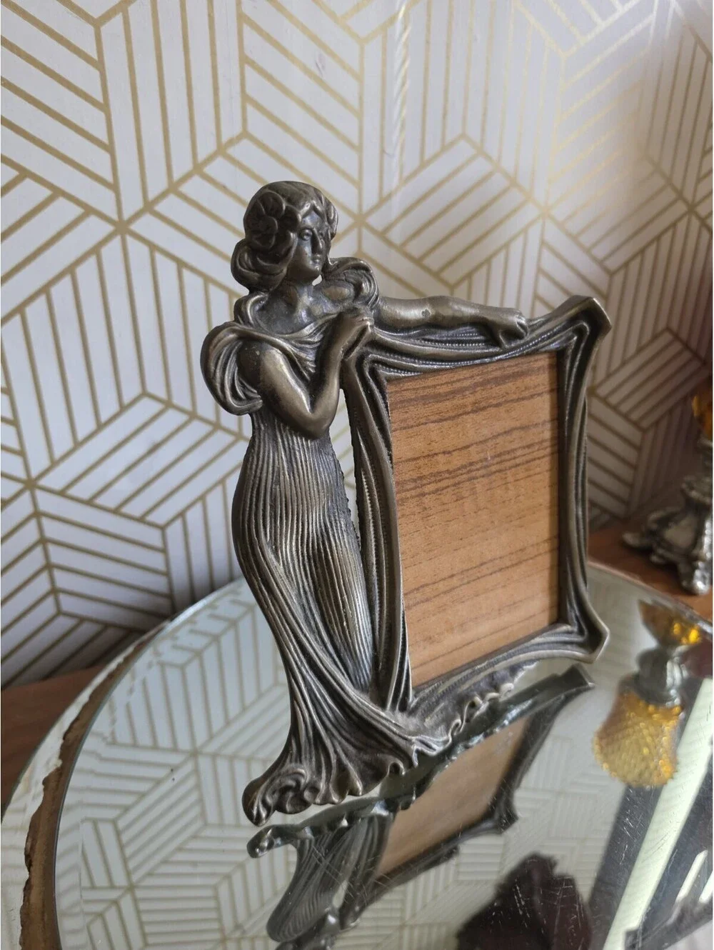Vintage Brass Art Deco Style Metal Frame with Stand Art Nouveau Hula Tiki Girl